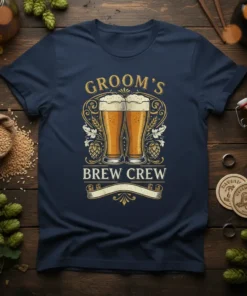 Groom's Brew Crew t-shirt design featuring two beer glasses with foam, surrounded by hops and ornate borders