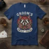 Groom's Wolf Pack t-shirt featuring a cool wolf wearing sunglasses with roses and flames, designed for bachelor parties