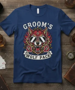 Groom's Wolf Pack t-shirt featuring a cool wolf wearing sunglasses with roses and flames, designed for bachelor parties
