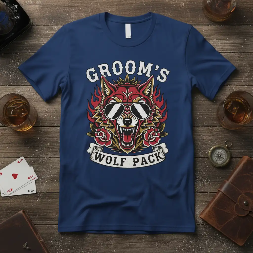 Groom's Wolf Pack design with a wolf head wearing sunglasses, surrounded by flames and roses, perfect for bachelor party shirts