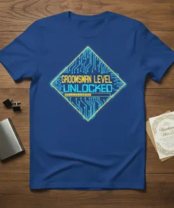 Groomsman Level Unlocked t-shirt with neon blue circuit board design and loading bar