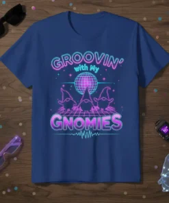 Groovin' with My GNOMIES text design featuring three gnomes dancing under a disco ball, retro neon colors, 80s style