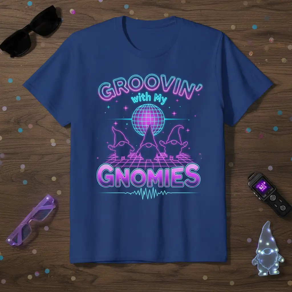 Groovin' with My GNOMIES retro neon graphic tee with dancing gnomes and disco ball
