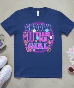 Groovy 11 Years Old Girl birthday t-shirt with neon pink and blue retro text, flowers, and butterflies