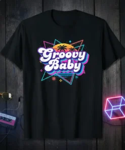 Groovy Baby retro 70s graphic t-shirt with vibrant neon geometric design and palm trees