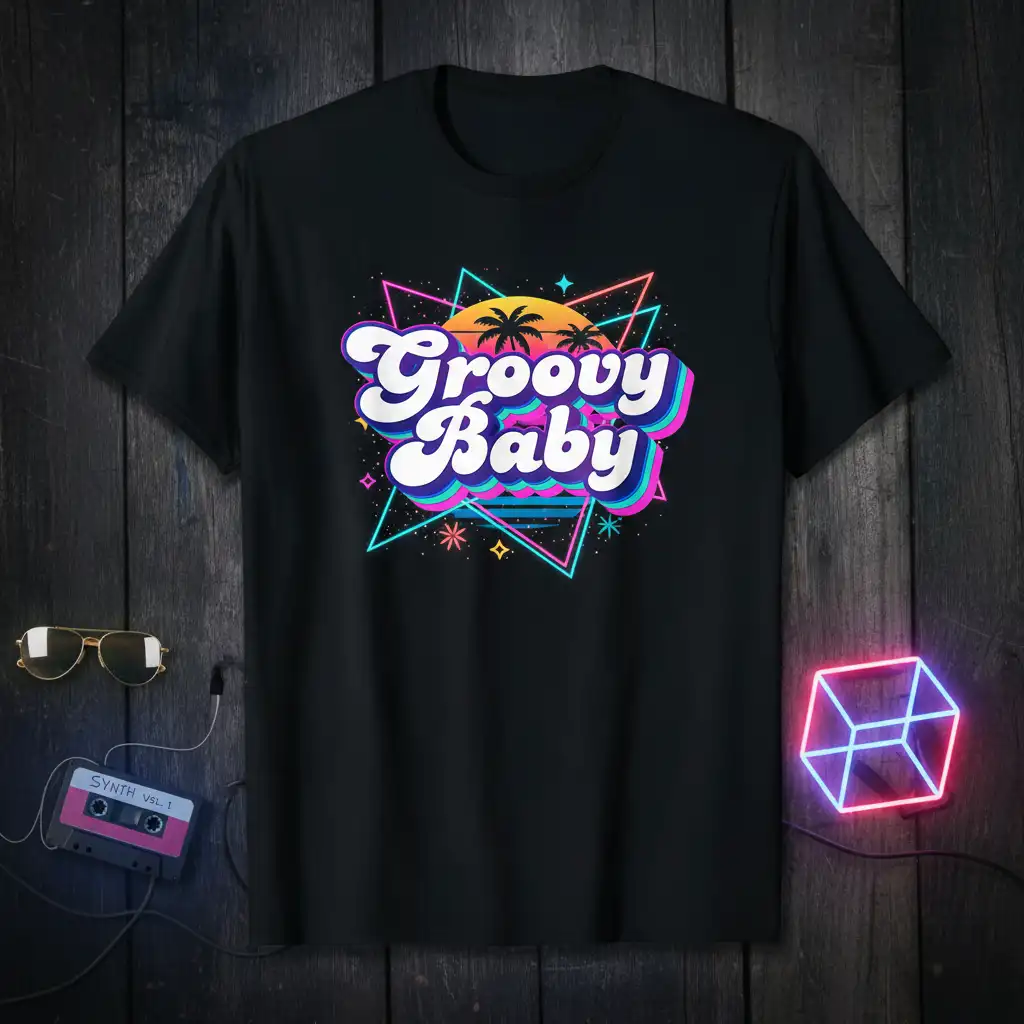 Groovy Baby retro slogan with vibrant neon geometric shapes and sunset palm trees design