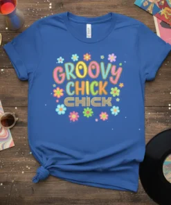 Groovy Chick Chick retro t-shirt design with colorful lettering and floral graphics, perfect for 70s style enthusiasts