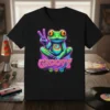 Groovy Frog Peace Sign T-Shirt with psychedelic frog graphic and 70s retro design