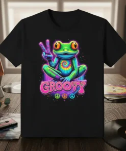 Groovy Frog Peace Sign T-Shirt with psychedelic frog graphic and 70s retro design