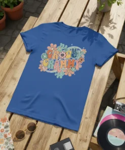 Groovy Grammy t-shirt design with colorful retro flowers and peace sign