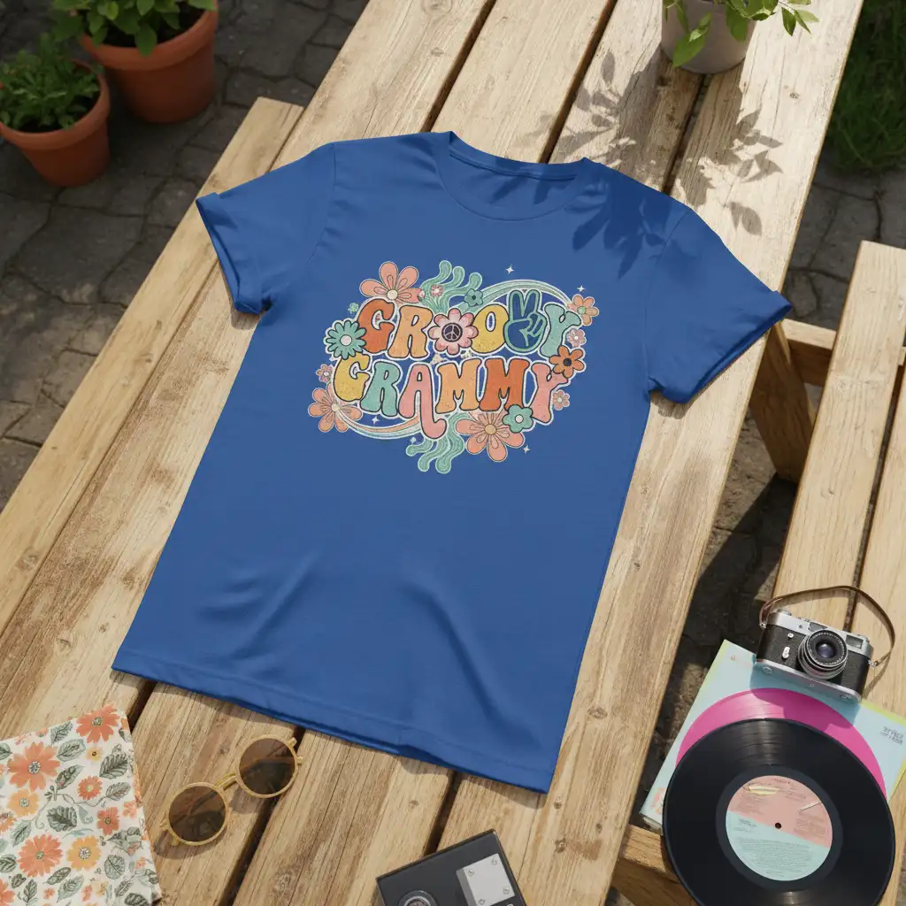 Groovy Grammy retro design with colorful flowers and peace symbol on a blue t-shirt