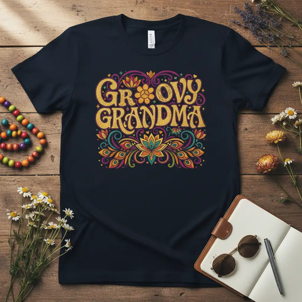 Groovy Grandma text in a psychedelic font with colorful retro floral and lotus flower graphics