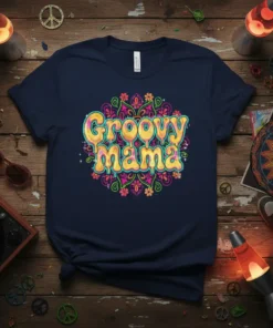 Groovy Mama text in a dripping, retro font surrounded by a colorful mandala design on a navy t-shirt