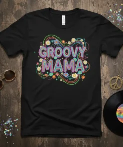 Groovy Mama text with colorful retro flowers and swirling lines on a black t-shirt