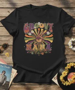 Groovy Nana t-shirt with retro font, peace sign, and colorful radiating lines