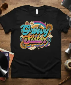 Groovy Sister text in a retro 70s font with a rainbow and flowers design on a black t-shirt
