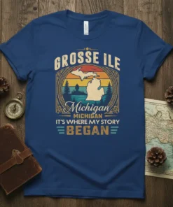 Grosse Ile Michigan It's Where My Story Began t-shirt with vintage sunset graphic and Michigan state outline