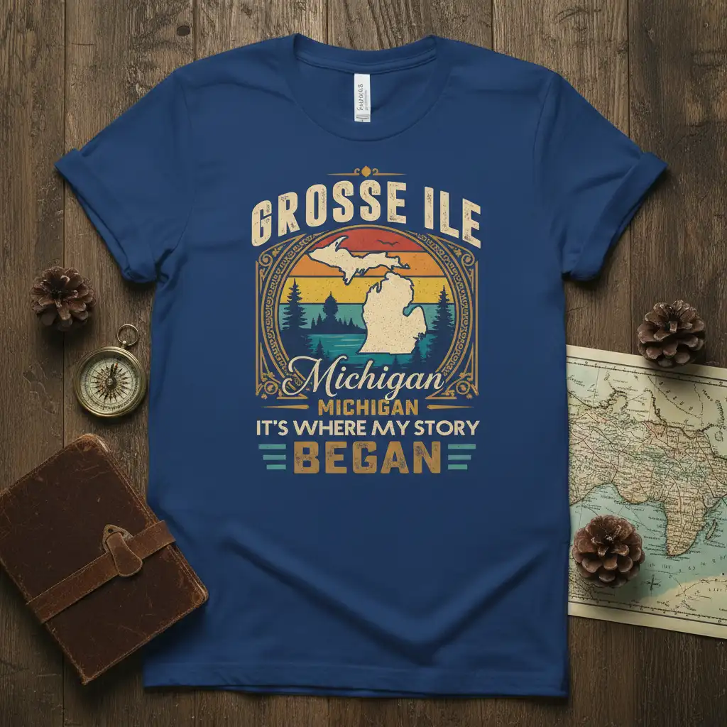 Grosse Ile Michigan It's Where My Story Began vintage retro graphic tee with state outline and sunset