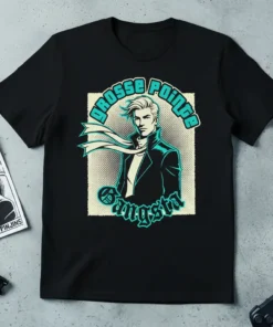 Grosse Pointe Gangsta graphic t-shirt featuring a stylized portrait of a man with wind-swept hair and a scarf, in a