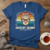 Grouchy Granny text with illustration of a woman with glasses and bandana on a vintage sunset background, graphic t-shirt design