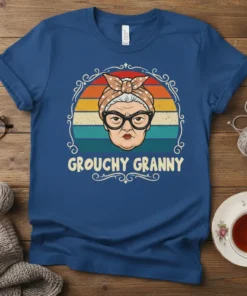 Grouchy Granny text with illustration of a woman with glasses and bandana on a vintage sunset background, graphic t-shirt design