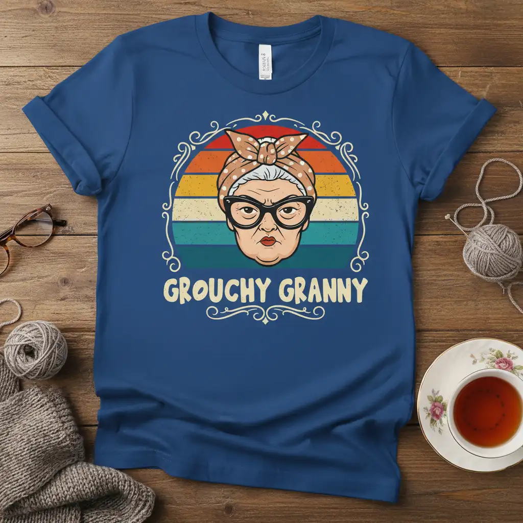 Grouchy Granny text and illustration on a vintage sunset background, perfect for a sarcastic grandma gift