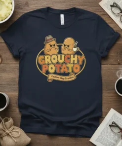 Grouchy Potato Caution May Crumble text design featuring two grumpy potatoes with mustaches and a coffee cup on a navy