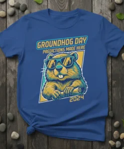 Groundhog Day Predictions Made Here 2024 t-shirt with a cool groundhog wearing sunglasses and holding a scroll
