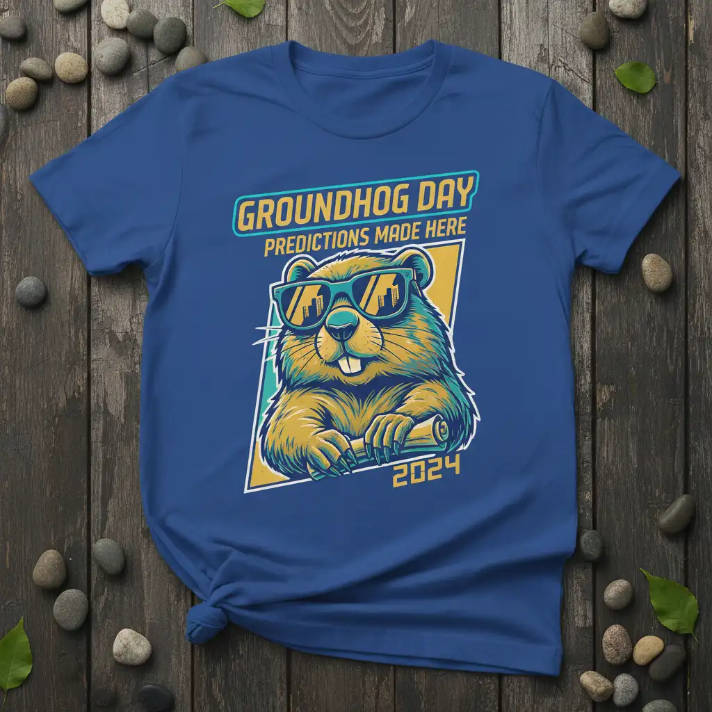 Groundhog Day Predictions Made Here 2024 graphic tee with a cool groundhog wearing sunglasses and holding a scroll
