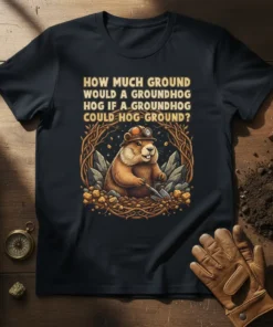 Groundhog wearing a hard hat digging with a shovel, featuring the text "HOW MUCH GROUND WOULD A GROUNDHOG HOG IF