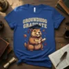 Groundhog wearing a graduation cap and holding a diploma, with text "GROUNDHOG GRADUATE" above, on a blue t-shirt