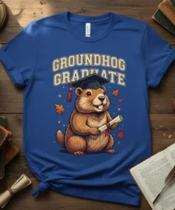 Groundhog wearing a graduation cap and holding a diploma, with text "GROUNDHOG GRADUATE" above, on a blue t-shirt