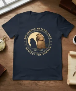Groundhog Meteorology EST 1887 Respect The Shadow t-shirt design featuring a groundhog and its shadow in a circular emblem with