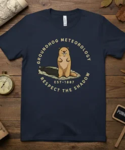 Groundhog Meteorology EST 1887 Respect The Shadow t-shirt with a cartoon groundhog and circular text design
