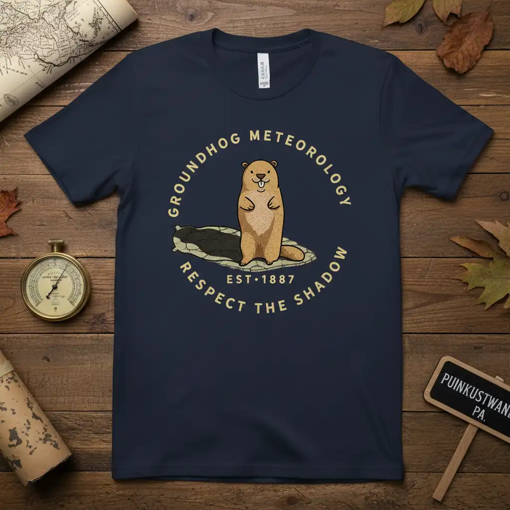 Groundhog Meteorology EST 1887 Respect The Shadow text and illustration on a dark navy t-shirt