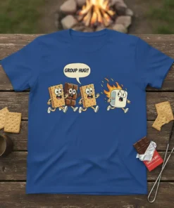 Group Hug!! funny s'mores t-shirt design with graham crackers, chocolate, and a marshmallow running away from a hug