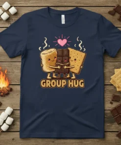Group Hug t-shirt design featuring a marshmallow, chocolate bar, and graham cracker hugging each other