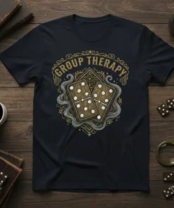 Group Therapy dominoes t-shirt design with vintage flair and decorative accents