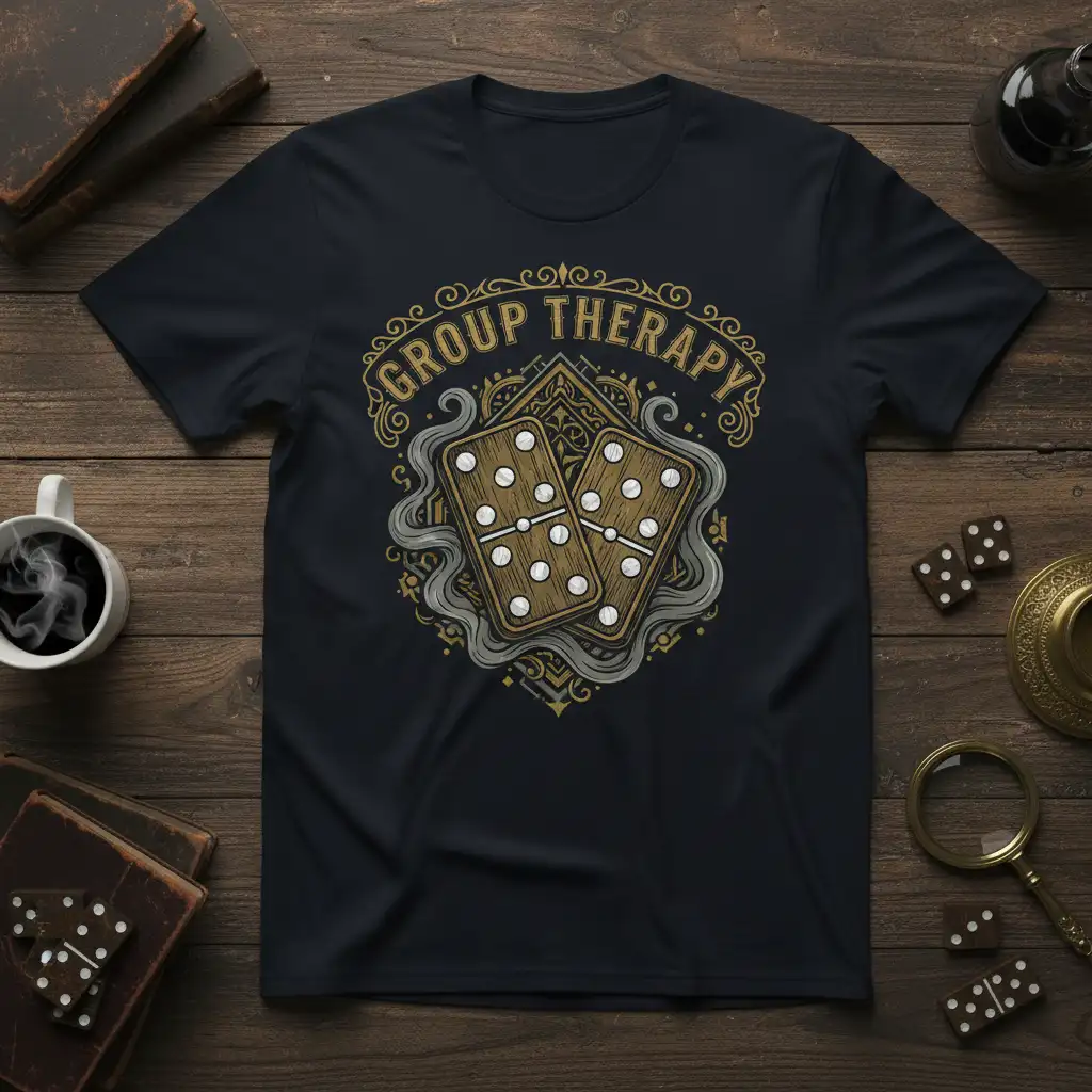 Group Therapy dominoes t-shirt design for board game enthusiasts featuring detailed typography on comfortable cotton fabric