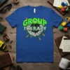 Group Therapy t-shirt design with a shooting target and bullets, featuring bright green text