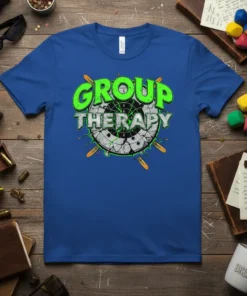 Group Therapy t-shirt design with a shooting target and bullets, featuring bright green text