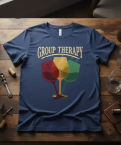 Group Therapy t-shirt design featuring three colorful wine glasses and the text "GROUP THERAPY" in distressed font
