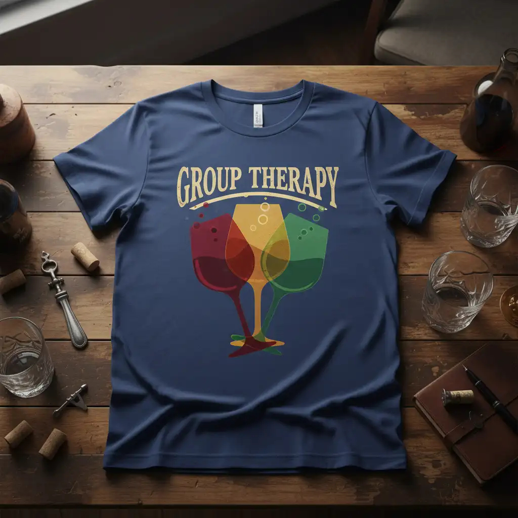 Group Therapy t-shirt with three colorful wine glasses and distressed text, perfect for wine lovers