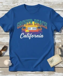 Grover Beach California Est 1959 vintage retro sunset beach design on a royal blue t-shirt
