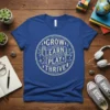 Grow Learn Play Thrive inspirational quote t-shirt design with circular graphic and trees