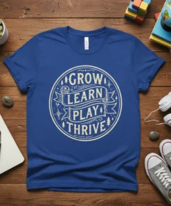 Grow Learn Play Thrive inspirational quote t-shirt design with circular graphic and trees