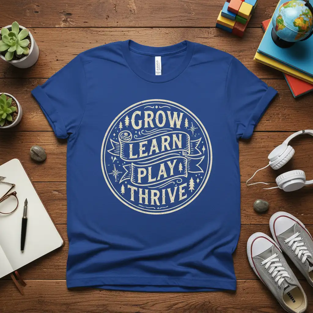 Grow Learn Play Thrive quote t-shirt with inspirational message and circular design