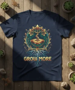 Grow More Tree of Life t-shirt design with detailed roots and golden leaves, symbolizing growth and nature