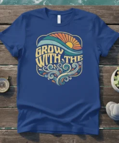 Retro "Grow With The" text design with a sun and stylized waves, on a blue t-shirt