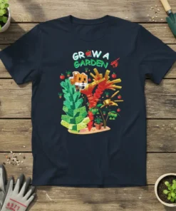 Grow A Garden t-shirt design featuring pixelated fox character surrounded by blocky plants and apples, inspired by Minecraft gaming